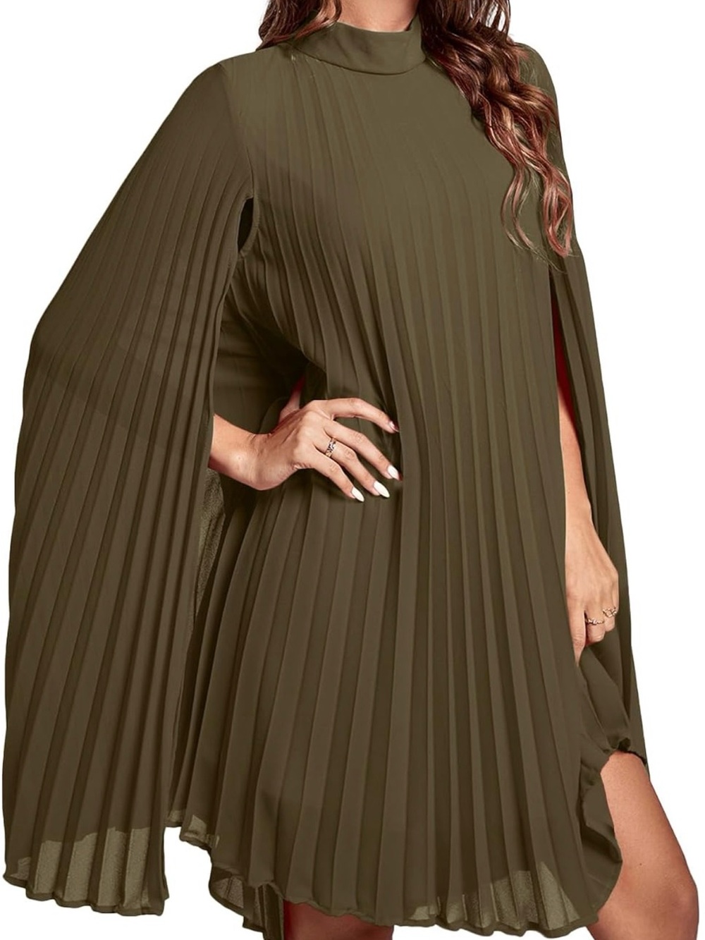 Olive Pleated Cape-Sleeve Mini Dress